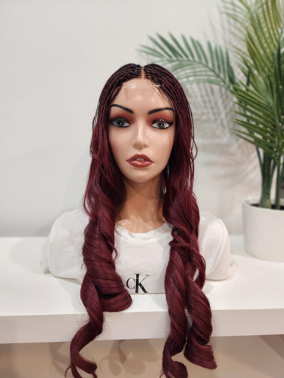 Roxanne Braided Burgundy Lace Front Wig – Goddess Braids with Wavy Ends