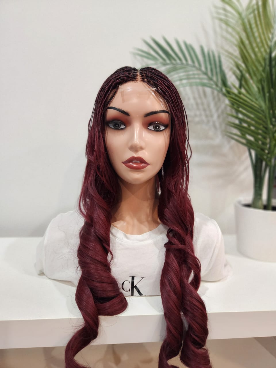 Roxanne Braided Burgundy Lace Front Wig – Goddess Braids with Wavy Ends