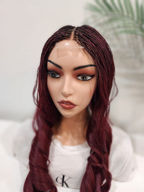 Roxanne Braided Burgundy Lace Front Wig – Goddess Braids with Wavy Ends