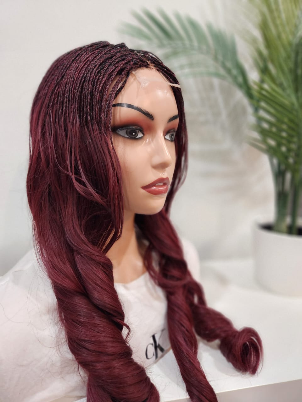 Roxanne Braided Burgundy Lace Front Wig – Goddess Braids with Wavy Ends