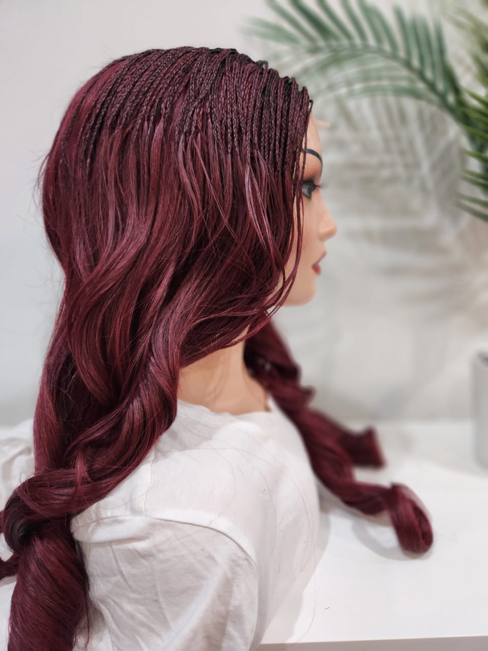 Roxanne Braided Burgundy Lace Front Wig – Goddess Braids with Wavy Ends